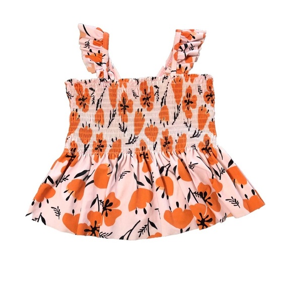 Hanna Andersson Orange Pink Floral Smocked Tainan Mixie Swim Top Girls Size 6-7 - Picture 1 of 9